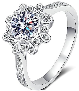 Daesar Silber Ring 925 Damen, Trauringe Blume mit 1ct Moissanit Hochzeit Ring Frauen Verlobungsringe Nickelfrei Gr.51