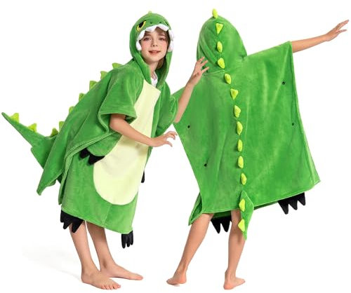 OLAOLA Kinder Poncho Handtuch mit Kapuze, Strand Umkleidemantel, Saugfähige Badetücher, Schwimmtuch für Jungen und Mädchen von 3–12 Jahren, Grüner Dinosaurier