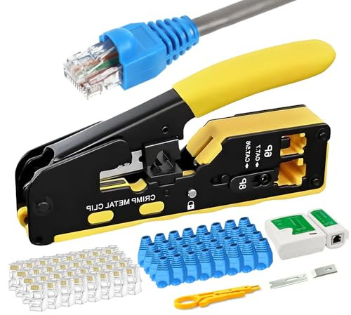 RJ45 Crimp Tool Kit, Pass Through Crimping Tool with Network Cable Tester | 100Pcs CAT5 Connectors & Boots | Stripper | 2 Spare Blades, RJ11 RJ12 Cat5 Cat5e Cat6 Cat6a Cat7 6P 8P Compatible Crimper