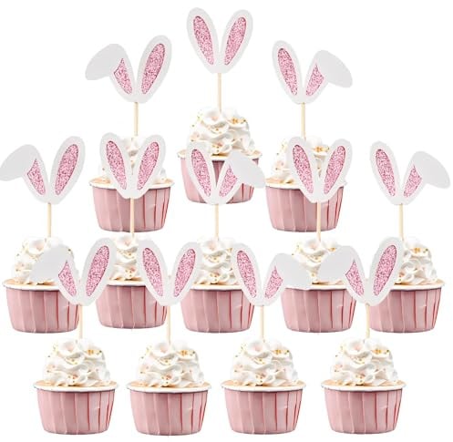 Esshogo Easter Bunny Kuchen Deko, 12 Stück Hasenohren Tortendeko Ostern, Kuchen Deko Kaninchen, Cupcake Deko Hase, Cupcake Topper Ostern, Bienen Kuchen Dekoration