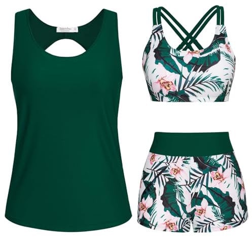 Generisch 3-teiliger Tankini Damen Bauchweg Bademode Set Tank Top mit Push-up-Bikinioberteil und High Waist Badeshorts Boho Einfache Badebekleidung Damen-Sport-Badeanzug für Schwimmbad Strand