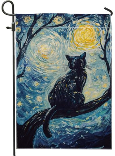 Gartenflagge mit Nachthimmel, blaue Katze im Baum, Outdoor-Dekoration, Herbst-Winter, dekorative Hofflagge, doppelseitig, künstlerische Gartendekoration, 30,5 x 45,7 cm