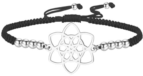 kkjoy Einstellbare Blume des Lebens Geflochtenes Seil Armband Edelstahl Ewigkeit Floralen Inspirierende Amulett Schmuck für Frauen (Schwarz)