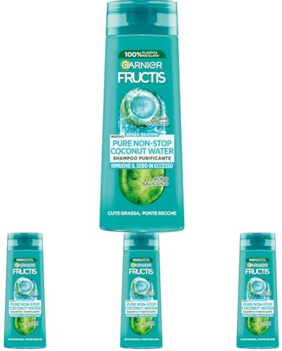 Garnier Fructis Shampoo Purificante, Per Capelli Cute Grassa e Punte Secche, Azione Seboregolatrice, Con Estratto di Acqua di Cocco e Acido Salicilico, Pure Non-Stop Cocconato Water, 250 ml