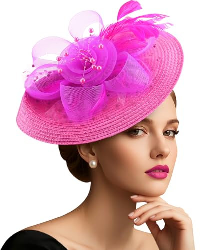 DRESHOW Mesh Flower with Pearl Feather Fascinators Hat on a Headband and a Forked Clip Cocktail Tea Party Headwear for Girls & Women Noble Kentucky Hat