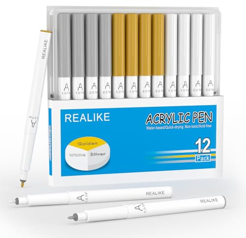 REALIKE Acryl Paint Markers Stifte für Stoff, Stein, Holz, Leinwand, Papier, Stein, Keramik, Glas und Kunstzubehör 1.0mm mittlere Spitzen Gold Silber Weiß Paint Marker Pen
