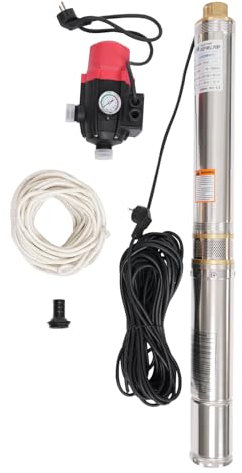 Bomba para pozos profundos, acero inoxidable, 220-240 V, 50 Hz, 750 W, 1 HP 2850 r/min, 8,8 x 91 cm, bomba de agua para pozos con interruptor de presión y cable de 20 m