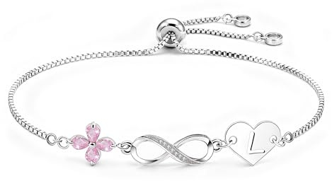 Lunestral Initial Heart Infinity Clover Bracelets for Women Girls, Alphabet A-Z Silver Colour Pink Crystal Clover Bracelet Jewellery Birthday Christmas Anniversary Graduation Gifts for Her (L)