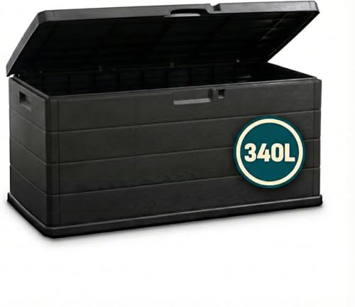 OutdoorOasis Large Garden Storage Box 340L – Plastic Outdoor Cushion Storage Chest with Lockable Lid – Water Resistant Deck Box for Parcels, Tools & Toys, Grey
