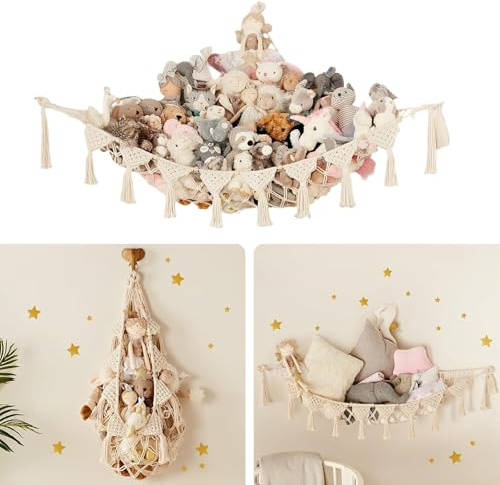 KOSLEOW Kuscheltier Aufbewahrung Hängematte Groß, L Hängend Spielzeug Organizer,Boho Makramee Stofftier Organizer fürs Kinderzimmer für Zimmer Deko ﻿