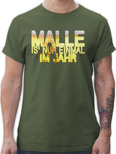 T-Shirt Herren - Sprüche Statement - Malle is' nur einmal im Jahr Bier - L - Army Grün - Mallorca Shirts Party Tshirt mit Aufschrift betrunken Shirt Outfit schwarz Statements ist 1 mal