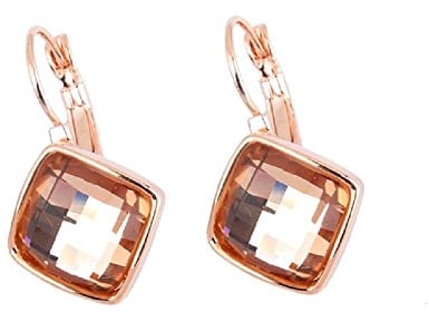 Crystalline Azuria Women 18ct Rose Gold Plated Rhombus Square Light Peach Crystals Lever back Dangle Earrings