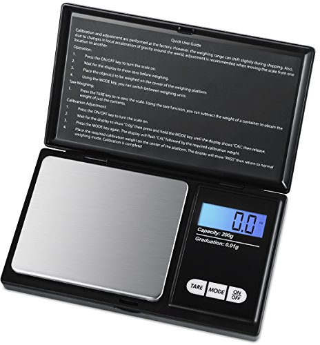 AMIR Balance de Precision 0.01g, 200g/0.01g, Balance de Poche avec Écran LCD, Petite Balance de Bijoux, Balance de Cuisine, Balance de Précision avec Fonction de Tare, Acier Inoxydable (Noir)