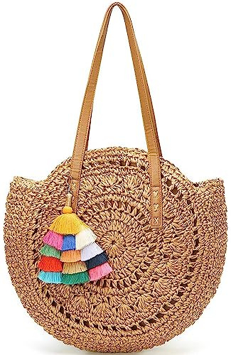 Sac de paille rond d'été en paille - Grand sac de plage tissé pour femme - Sac à main fourre-tout avec pompons, camel, Taille unique