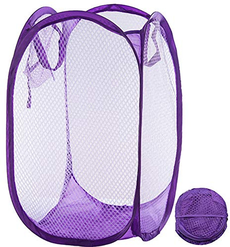 Qtopun Mesh Popup Laundry Hamper Foldable Laundry Basket Portable Dirty Clothes Basket Collapsible Dirty Clothes Hamper for Bedroom, Kids Room, College Dormitory and Travel (Purple)