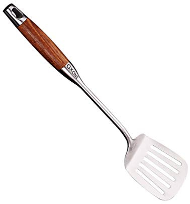 GXONE Metall-Spatel, 304 Edelstahl, Wok-Pfannenwender mit hitzebeständigem Holzgriff, Silber/40 cm