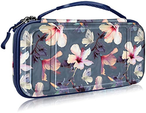 FINTIE Carrying Case for Nintendo Switch OLED Model 2021/Switch 2017 - [Shockproof] Hard Shell Protective Cover Travel Bag w/10 Game Card Slots for Switch Console Joy-Con & Accessories, Hibiscus