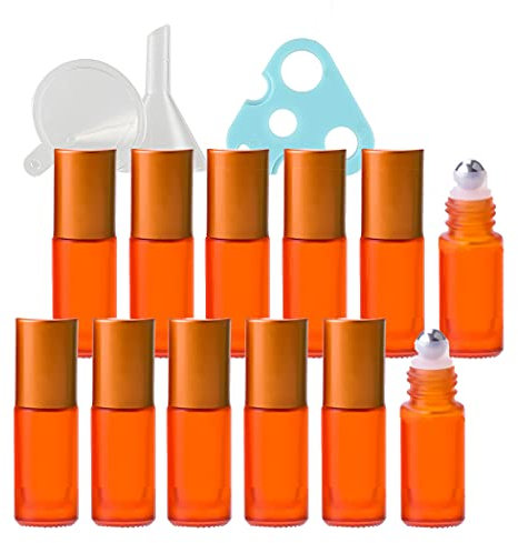 TIANZD Lot de 24, Flacons à Bille pour Huiles Essentielles 5ml – Bouteilles Rechargeables en Verre Orange Mat avec Billes en Acier Inoxydable (1 décapsuleur et 1 entonnoir)