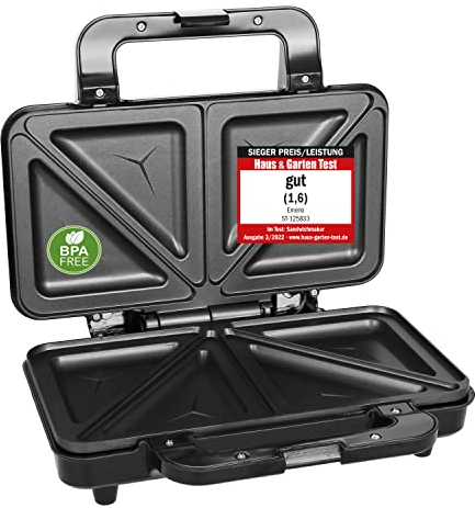 Emerio Doppel Sandwich Maker, BPA frei, für dreieckiges Sandwich, leicht zu reinigen, Antihaftbeschichtung, heizt schnell auf, 900 Watt, Schwarz