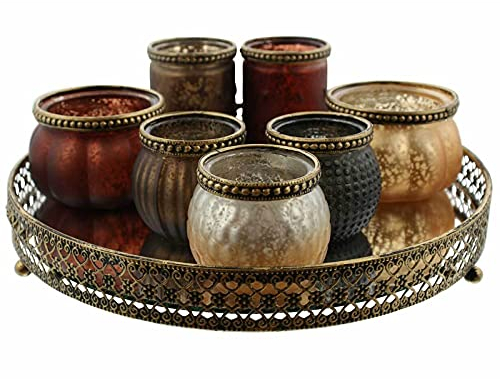 SIDCO Windlicht Set Oriental 7X Kerzenhalter Glas + Tablett Metall Teelichthalter Deko