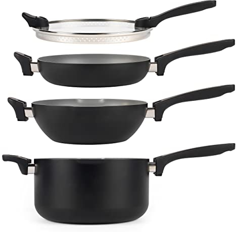 Salter BW10233 Stackable 4 Piece Pan Set, Space Saving, Pouring Lip, All Hob Types Including Induction, Non-Stick, Little to No Oil, Universal Glass Lid, Soft Touch Handle, Easy Clean, Grey, Black