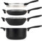 Salter BW10233 Stackable 4 Piece Pan Set, Space Saving, Pouring Lip, All Hob Types Including Induction, Non-Stick, Little to No Oil, Universal Glass Lid, Soft Touch Handle, Easy Clean, Grey, Black