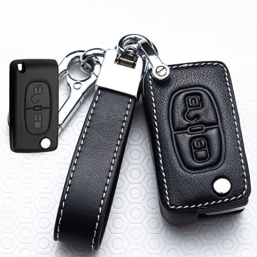 ontto Étui de clé de Voiture en Cuir synthétique Adapté pour Citroën C2 C3 C4 C5 Grand Picasso Peugeot 207 307 407 308 607 Accessoires de télécommande Coque de Protection Porte-clés 2 Boutons -D Noir