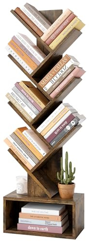 Hoctieon Bücherregal Baumform mit Schublade, Standregal mit 6 Ebenen, Bookshelf Bookcase Holz Eckregal Stehend für Schlafzimmer, Wohnzimmer, Heimbüro, Rustikales Braun