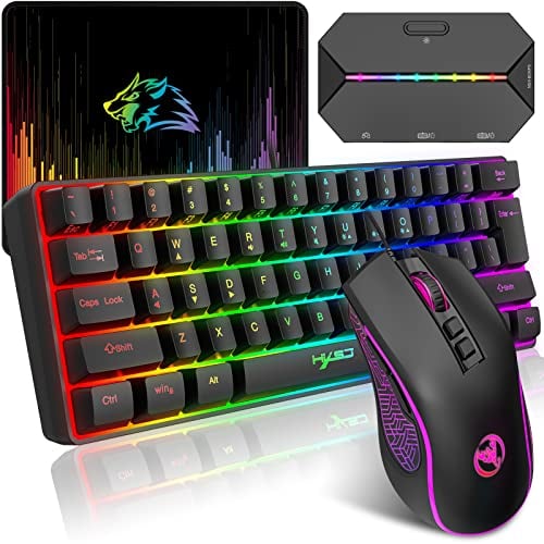 HXSJ V700 Gaming Tastatur und Maus Set mit Gaming-Adapter,60% Kompakte Tastatur,61 Tasten,TKL Layout,RGB-Beleuchtung,Gaming-Maus mit Optischem Sensor,LED-Leuchten,Bis zu 3600 DPI,für PC,Mac-Schwarz