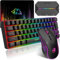 HXSJ V700 Ensemble Clavier et Souris de Jeu avec Adaptateur de Jeu,Clavier de Jeu à 60%,Disposition Compacte à 61 Touches,Rétroéclairage RVB,Souris à Capteur Optique,Jusqu'à 3600 DPI,pour PC,Mac-Noir