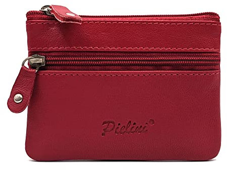 Pielini - Monedero pequeño de Piel 2 Cremalleras y Llavero. Monedero para Hombre. Espacios para Monedas, Tarjetas y Billetes. Diseñado en España. (Rojo)