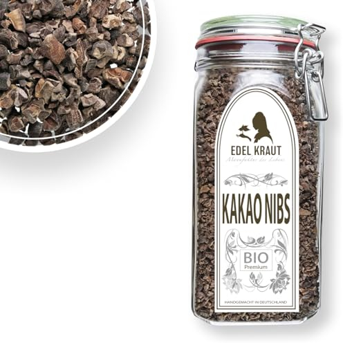 Kakao Nibs BIO 700g im Premium Glas | EDEL KRAUT - 100% naturreine rohe Kakaonibs BIO aus kontrolliert biologischem Anbau, frei von jeglichen Zusatzstoffen - organic raw cacao nibs