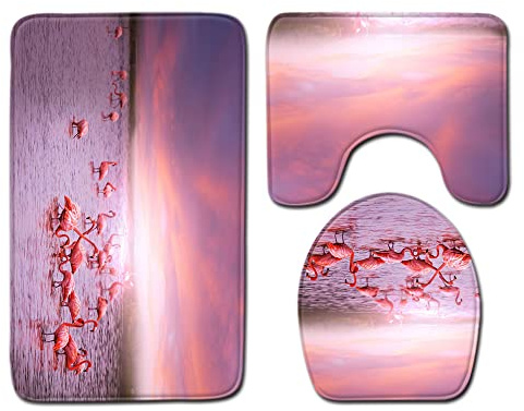 FANSU rutschfeste Badematten Set 3 Teilig, Weich Mikrofaser Badezimmerteppich Waschbar WC-Deckelbezug und Saugfähig U-FöRmige Badvorleger für Badewanne, Dusche (50x80cm,Flamingo-Herde)
