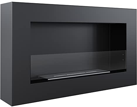 KRATKI Golf Flat Indoor Bioetanol Chimenea de Pared Biocontainer 0,4 l Certificado TÜV Acero Revestido de Polvo Línea de Fuego 21 cm con acristalamiento 37 x 64 cm