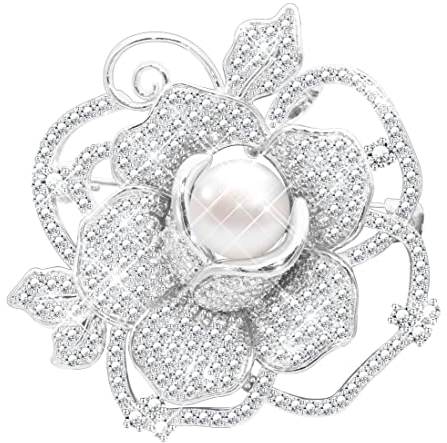 KristLand Broche De Fleurs Vintage Art Déco Platine Plaqué Broche Rose avec des Pierres Zircone Cubique Scintillantes Perles Broche Corsage Mariage Party Mariée Cadeau pour Femme Lady