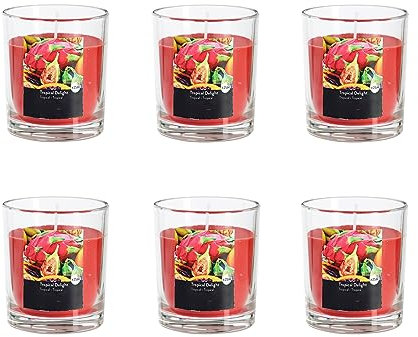 Duftkerze im Glas im 6er-Set - Kerze, Advent, Raumduft - Kein Ruß - Brenndauer: 25 Std. - viele Duftaromen – 7,0 x 7,7 cm (Rot - Duft: Tropische Früchte)
