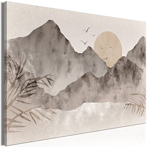 decomonkey Bilder Abstrakt Berge 120x80 cm 1 Teilig Leinwandbilder Bild auf Leinwand Vlies Wandbild Kunstdruck Wanddeko Wand Wohnzimmer Wanddekoration Deko Mond Vögel Landschaft Beige Braun