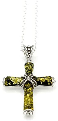 MyBer® Bernstein Kreuz Anhänger grün auf Silberkette 45cm Ostseebernstein Schmuck Silber 925er PMBER79_P526G