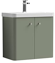 nuie COR805 Core Modern Bathroom Wall Hung 2 Door Vanity Basin Unit with Ceramic Basin, 600mm, Satin Green