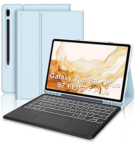 JADEMALL Custodia Tastiera con Trackpad per Samsung Tab S7 FE/S7+ Plus/S8+ Plus 12.4 2022, Italiana-Layout Bluetooth Tastiera con Touchpad, Cielo Blu
