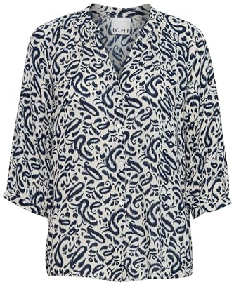 ICHI IHMARRAKECH Damen Bluse Shirt Blusenshirt mit 3/4-Arm Gemustert V-Ausschnitt Regular fit, Größe:S, Farbe:Total Eclipse Paisley AOP (202928)