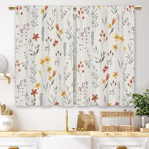 Laifzere Boho-Vorhänge mit Blumenmuster, Gelb / Orange, Wildblume, klein, kurz, Fenstervorhänge, Landhausstil, Stufenvorhänge, 2-teilig (70 x 99 cm)