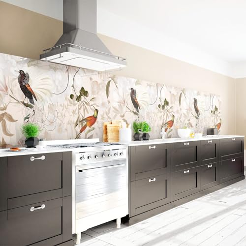 Arcondo Küchenrückwand Spritzschutz Selbstklebend mit Motiv Paradiesvögel Pastell Folie Premium Matt 400 x 70 cm