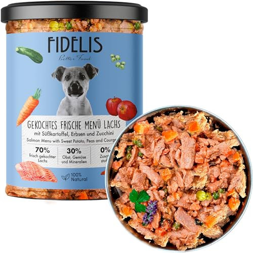 Fidelis – Gekochtes Frische-Menü mit Lachs, Süßkartoffel, Erbsen & Zucchini (6 x 400g Glas) – Hundefutter nass mit 70% Fischanteil & frischen Zutaten – Nassfutter ohne Zusätze & ungekühlt haltbar