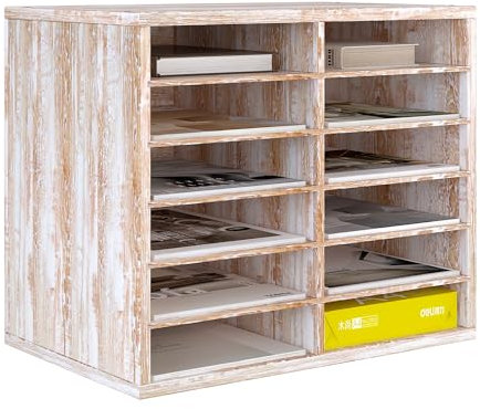 Senhoglb 12 Fächer Schreibtisch Ablagefächer Holz, Schreibtisch Ordner Organizer, Aktenablage A4 stapelbar, Büro Briefablage, Halten Sie Ihren Desktop Sauber, Retro Weiß