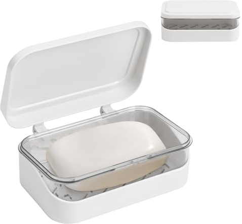 Ushine Travel Soap Dish with Lid,2 Tier Soap Dish with Removable Drainer and Lid Keeps Soap Dry and Easy to Clean for Camping Home Bath School Gym-White