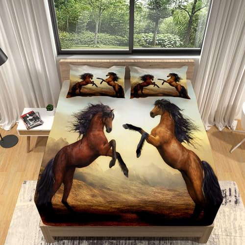 Spannbettlaken Tierpferd Druck Spannbetttücher 90x190 Bettlaken Mikrofaser Spannbetttuch Boxspringbett - Tiefe Tasche 30 cm mit 2 Kissenbezügen für Kinder Jugendliche