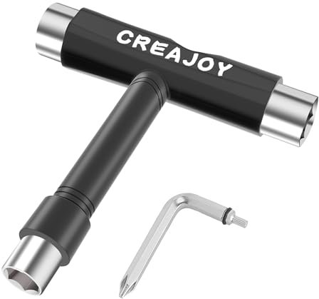 CREAJOY All-in-One Skate Tools Multifunktionales tragbares Skateboard-T-Werkzeug-Zubehör mit T-Typ-Inbusschlüssel und L-Typ-Kreuzschlitzschraubendreher (schwarz)