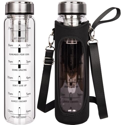 DEARRAY 1l / 1000ml Glass Water Bottle with Time Markings, 1 Liter Tea Drinking Bottle with Stainless Steel Infuser Loose Leaf Tea, Cold Brew Coffee