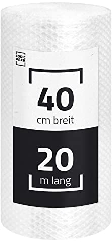 LOGIC PACK Luftpolsterfolie Rolle für Verpackung, Versand und Umzug 20m x 40 cm - Bubble Wrap Verpackunsgmaterial, 100% recyclingfähig, leicht zu schneiden, 2-schichtig 60my
